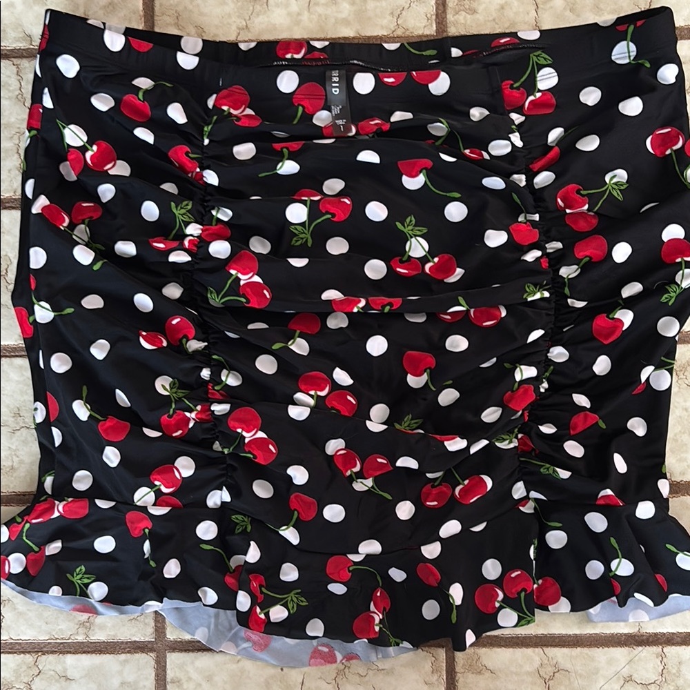 Cherry Print Black Swim Skirt